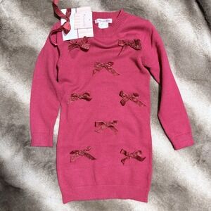 Love Squared Girls Red Long Sleeve Sweater Dress with Sequin Bow Appliques